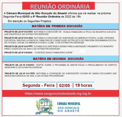 REUNIÃO ORDINARIA 02 DE MAIO DE 2022